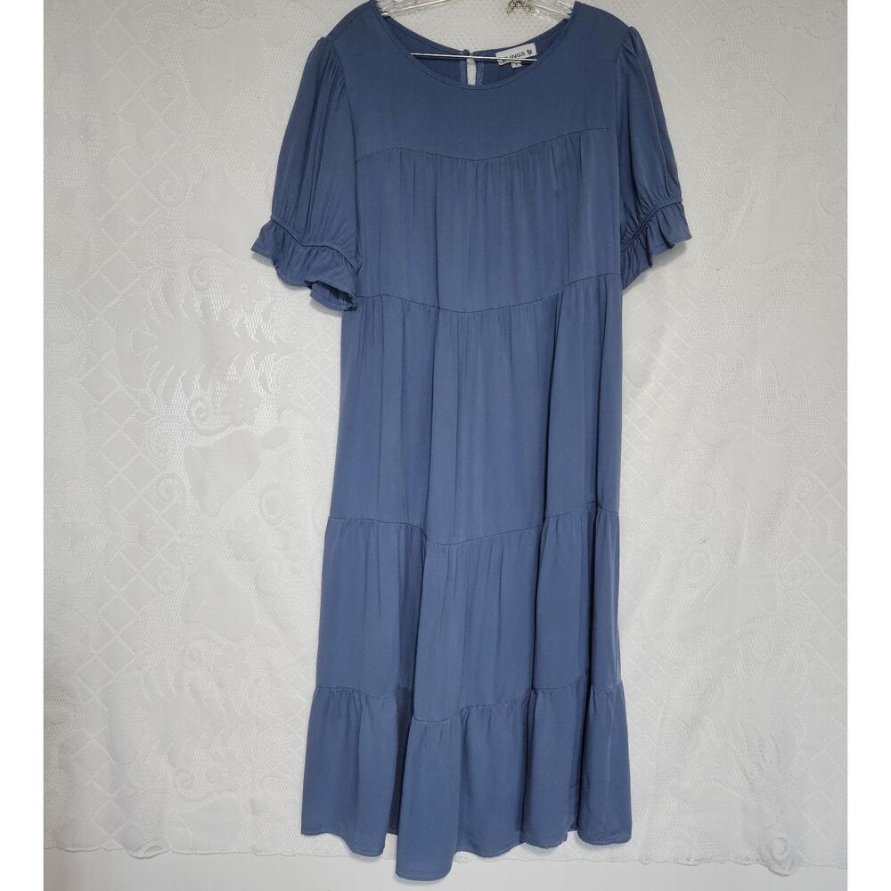 Elings Large Blue Tiered Dress Cottagecore Bohemian Flowy Modest Coastal Travel
